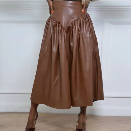 Plus Size Women's Pu Leather Patchwork Long Skirt With Pockets